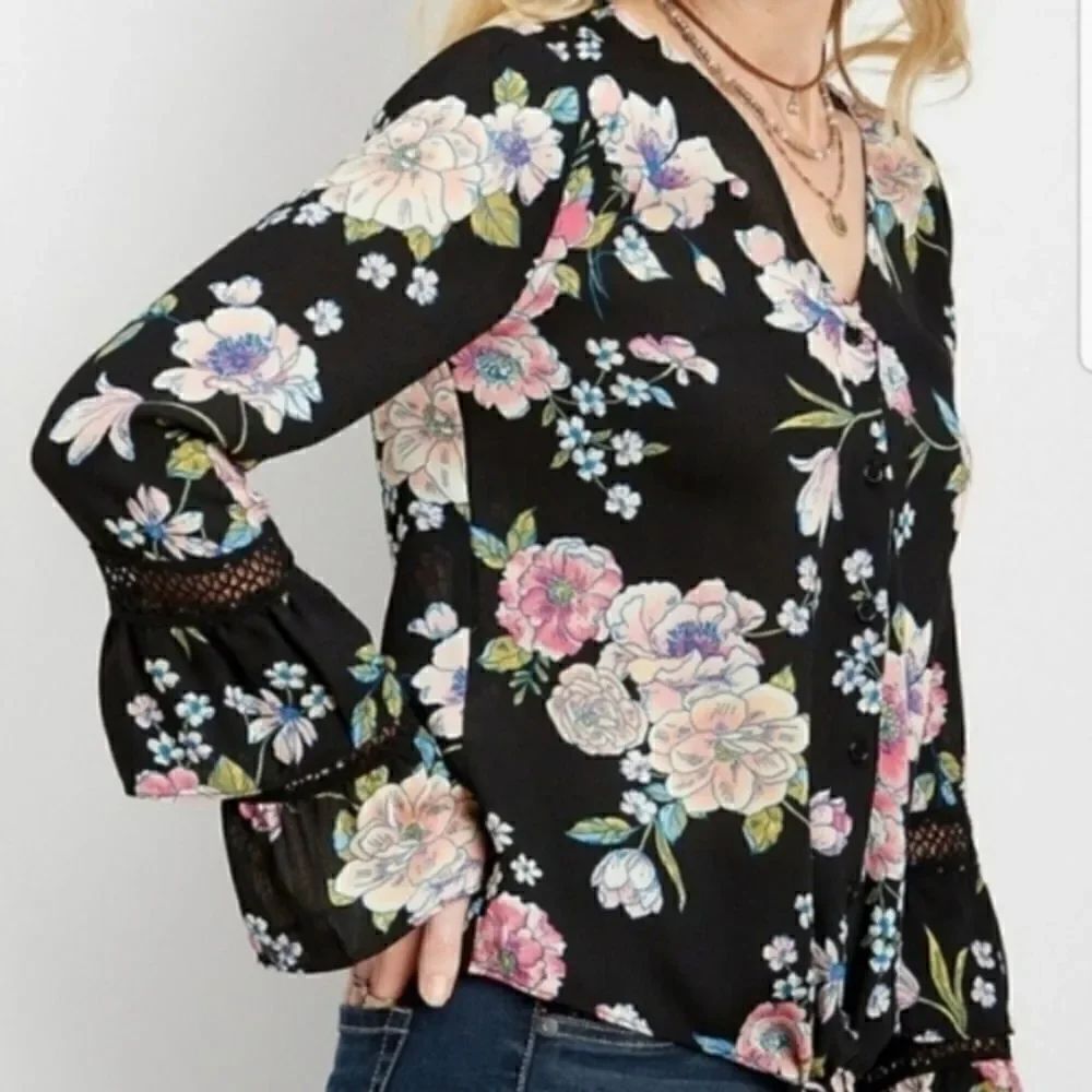 Maurices Black and Pink Long Sleeve Button Up Top